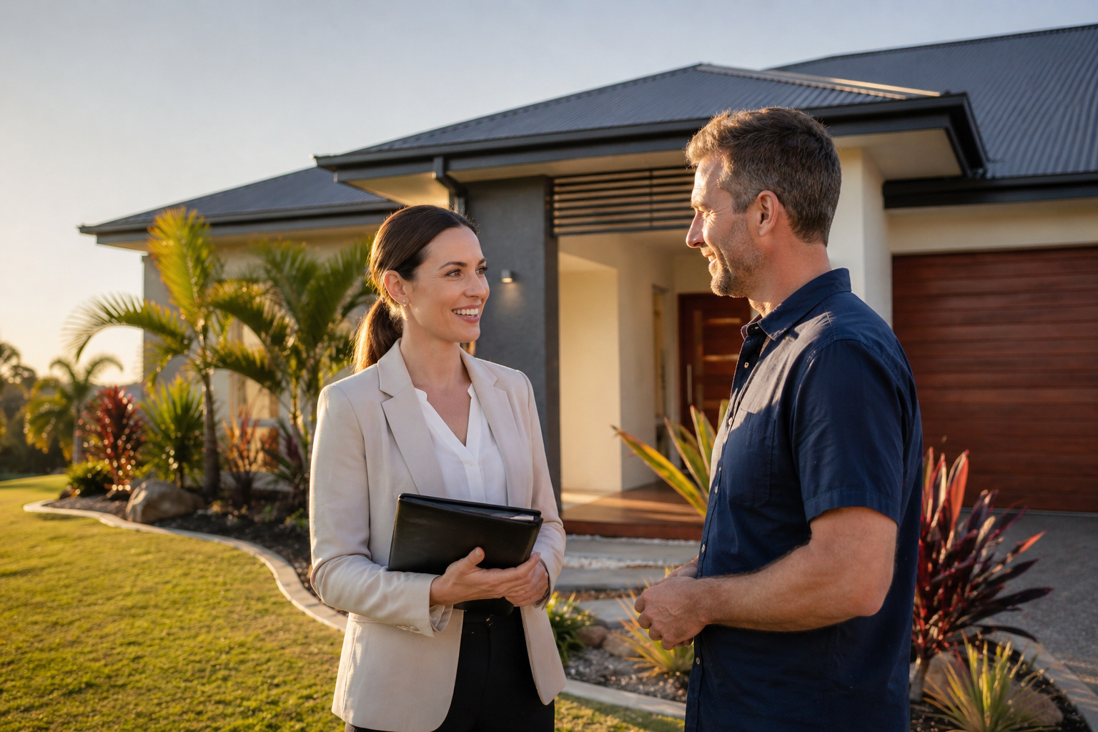 Property manager meeting with landlord in Townsville discussing investment property