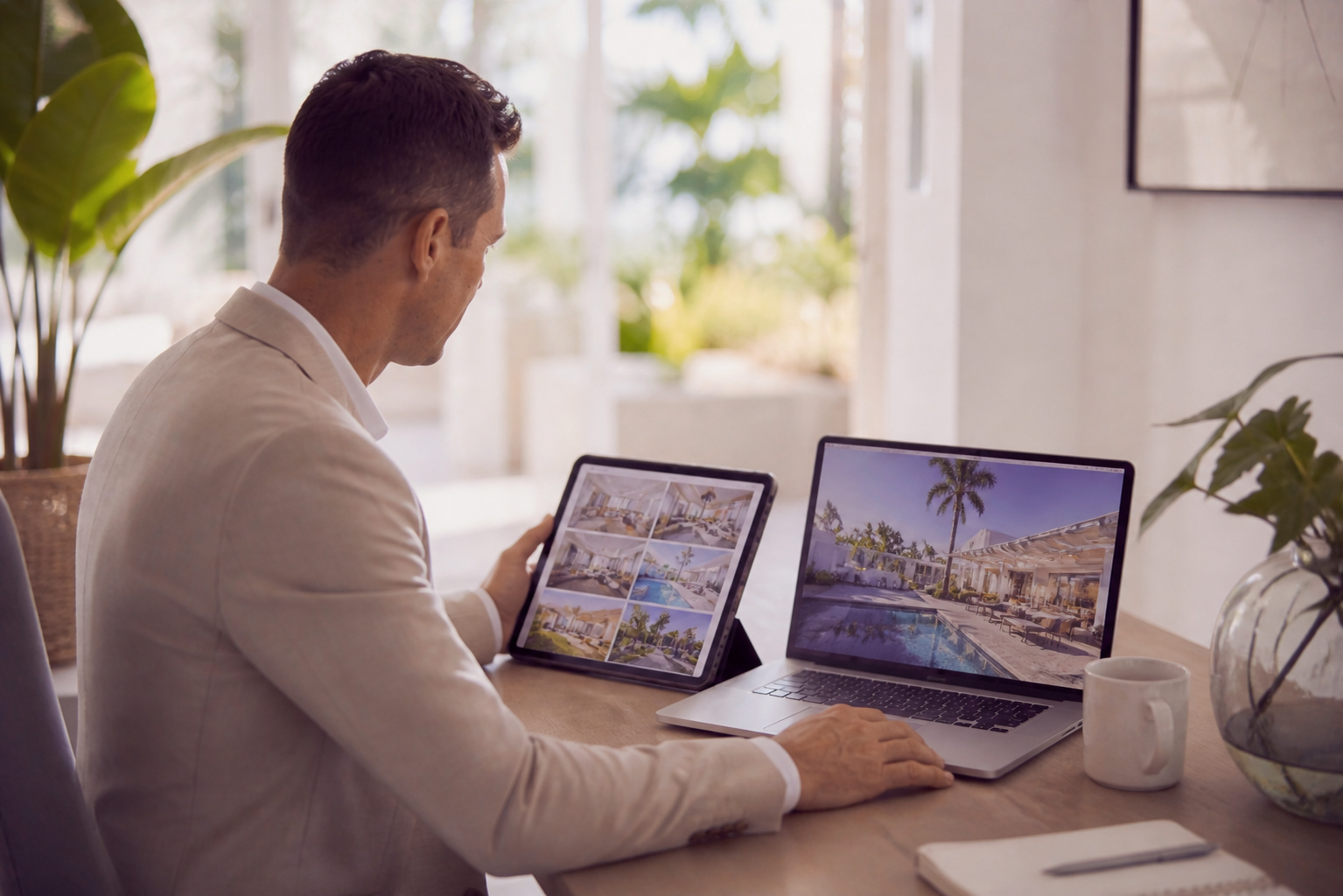 Property marketing Townsville campaign being reviewed by real estate agent on laptop and tablet