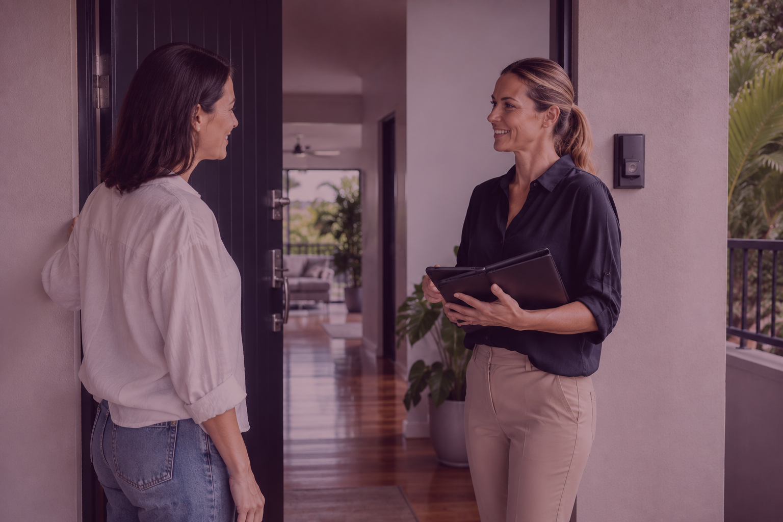 Tenant welcoming property manager for a routine rental inspection in Townsville