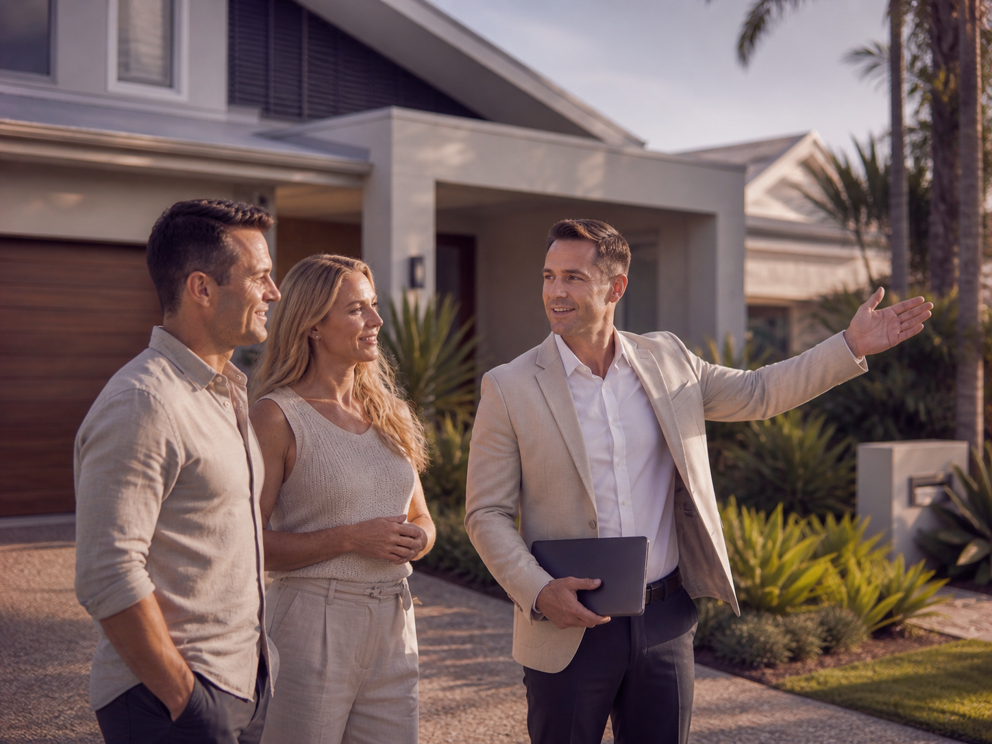 Steps to selling your home Townsville with real estate agent discussing strategy outside property